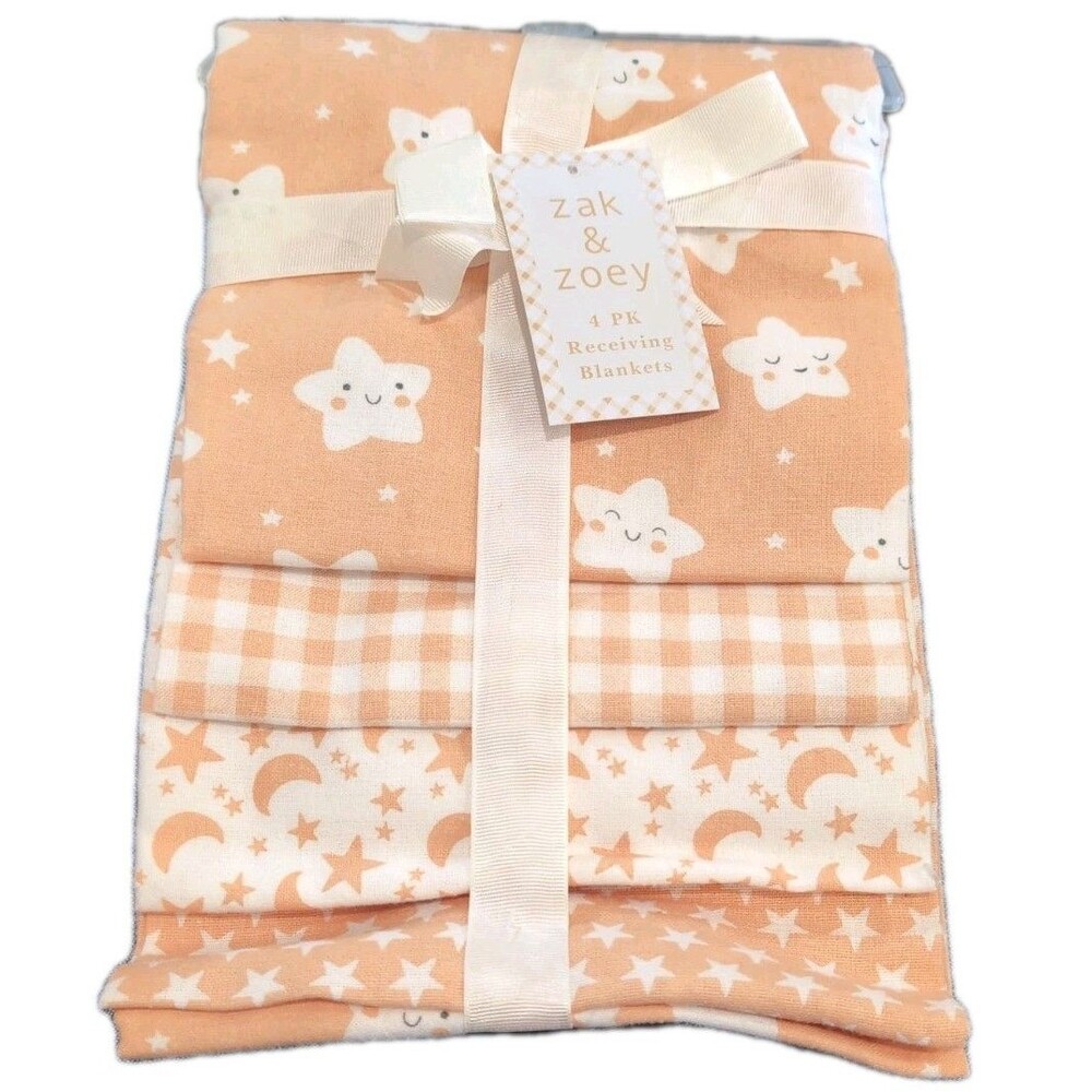 Zak & Zoey Baby 4Pk Flannel Receiving Blankets Cotton Stars Moon Peach Orange